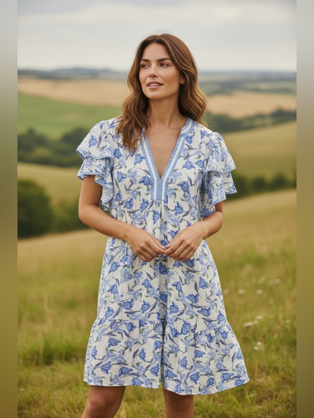 Umgee White & Blue Floral Print dress with Blue Trim NWT